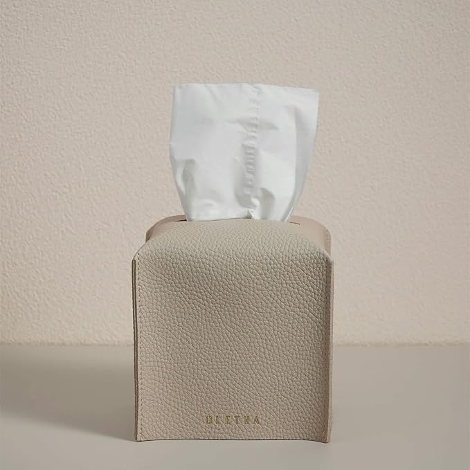 OLETHA Square Tissue Box Cover - Aesthetic Desk Decor for Room, Home & Office - Tissues Cube Boxes Holder - Light Taupe, Set of 2