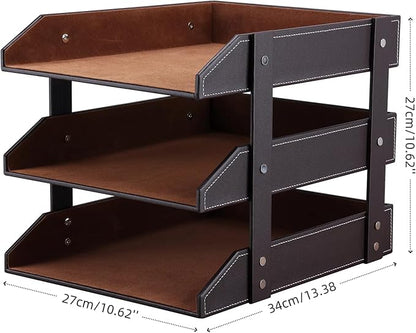 KINGFOM Letter Tray, Leather Paper Organizer Tray, Wooden Desk File Holder, Desktop File, Stackable Magazine Holder, Mail Sorter, Great for Home or Office - 3 Level Brown