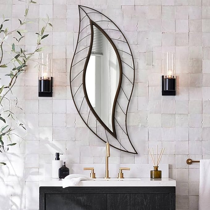 ironsmithn Decorative Wall Mirror, Leaf Design Metal Frame, 45" x 18.5" Unique Wall Mirror for Bathroom Vanity Living Room Bedroom Fireplace(Rustic)