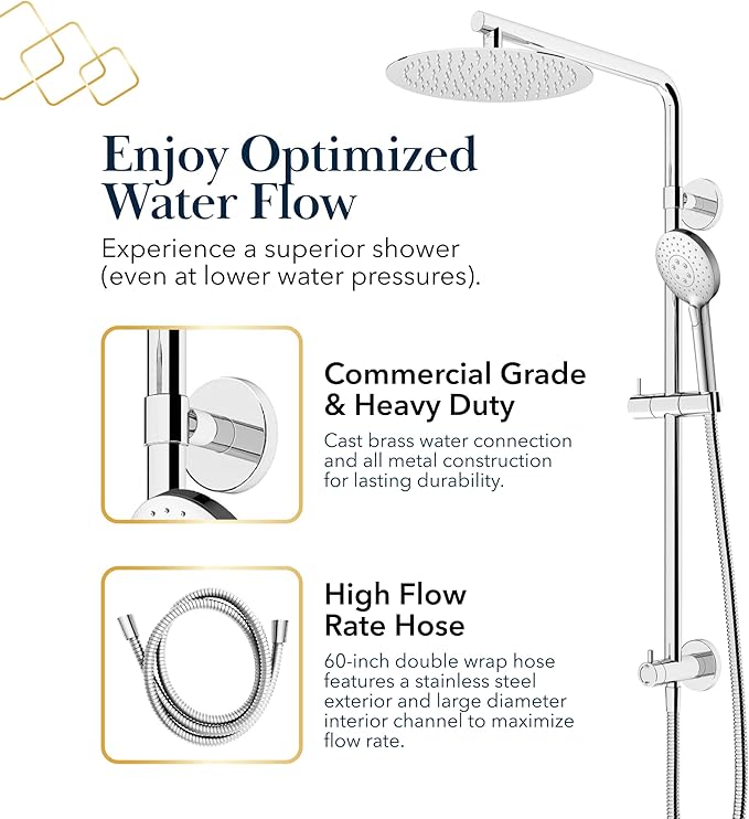 BATH ROYALE Rain Shower Head & Detachable Handheld Spray Combo, Easy Install & 3 Spray Modes, Chrome