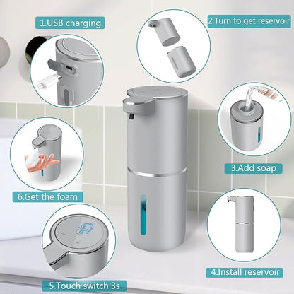 Automatic Soap Dispenser – Touchless Foaming Soap Dispenser 400ml USB Rechargeable Dispenser Electric Wall Mounted 4levels Adjustable Foam Soap Dispenser Pump for Bathroom Kitchen(Silver)