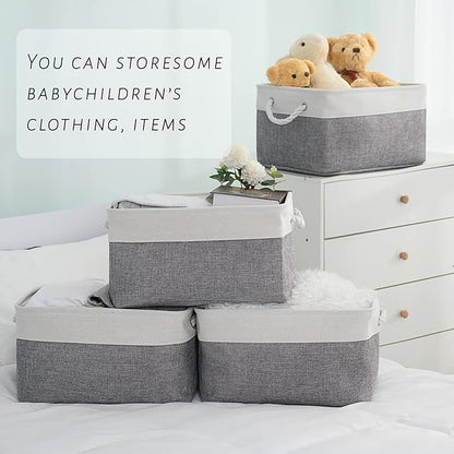 TcaFmac Collapsible Storage Bins for Organization - Large 3 Pack Canvas Storage Basket for Shelves, Organizer Baskets for Organizing for Closet Cloth Dog Toy Baby (White & Grey 16x12x8 inch)