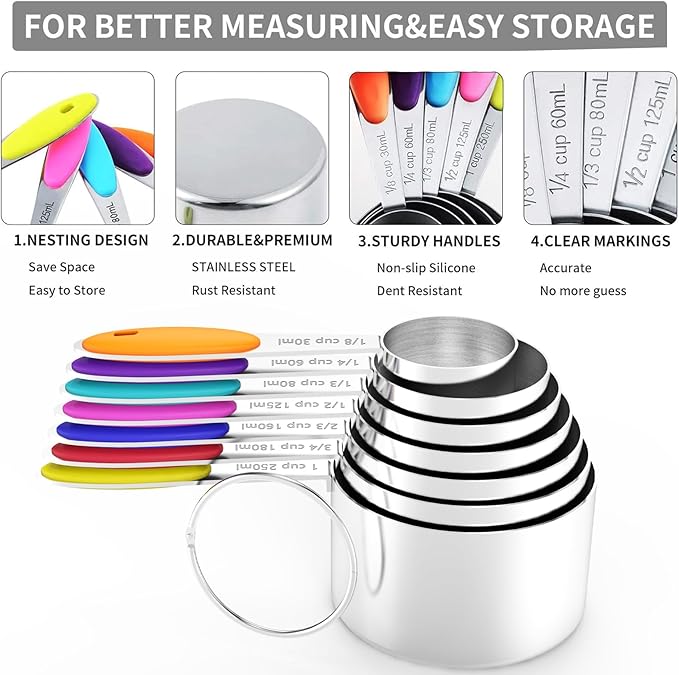 TILUCK Measuring Cups and Spoons Set, Stainless Steel, Kitchen Utensils for Cooking and Baking (14)