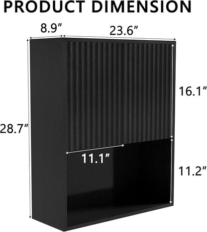 Fluted Bathroom Wall Cabinet Over The Toilet Storage,Wall Mounted Cabinet with Adjustable Shelf,Floating Cabinet Organizer Hanging Cabinet,Kitchen and Laundry Room Cabinets (Black, 1 PC)
