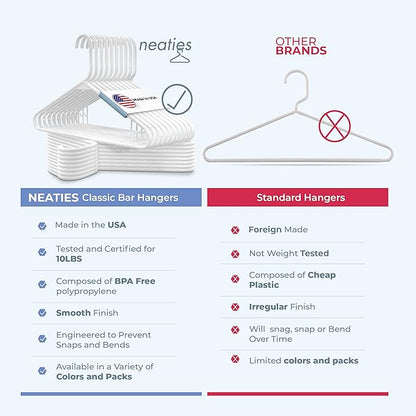 Neaties Plastic Hangers 15 Pack – Made in The USA – 6lb Capacity Standard Clothes Hangers with Strap Hooks for Dresses, Lingerie, Shirts, Pants, and Jackets – Pink