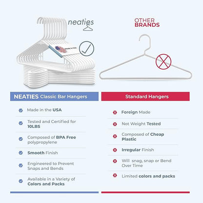 Neaties Plastic Hangers 50 Pack (60 Count) – Made in The USA – 6lb Capacity Standard Clothes Hangers with Strap Hooks for Dresses, Lingerie, Shirts, Pants, and Jackets – White & Blue