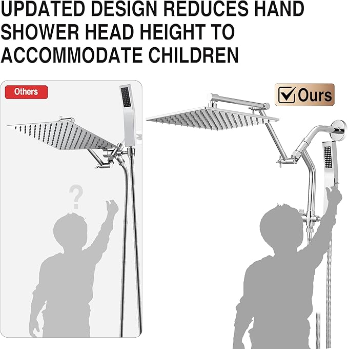 All Metal 12 Inch Rain Shower Head with Handheld Built-in Power Wash Mode, High Pressure Waterfall Rainfall Square Shower Heads with 16" Adjustable Extension Arm, Dual Showerhead(Chrome)