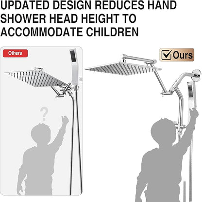 All Metal 12 Inch Rain Shower Head with Handheld Built-in Power Wash Mode, High Pressure Waterfall Rainfall Square Shower Heads with 16" Adjustable Extension Arm, Dual Showerhead(Chrome)