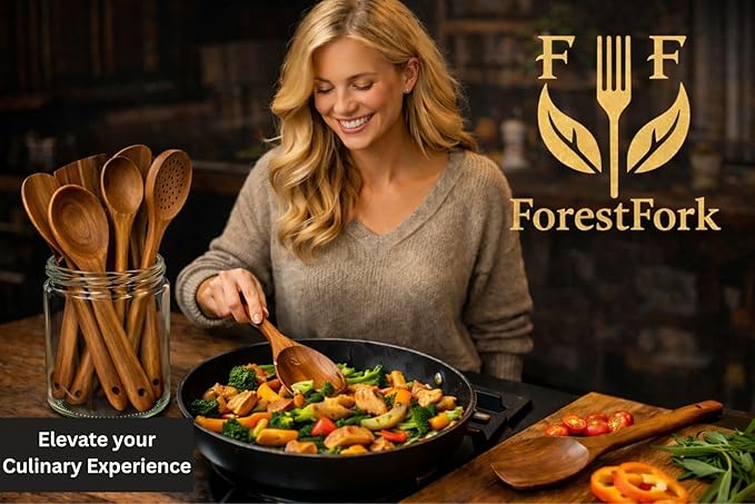 Wooden Kitchen Utensil Set, 9-Piece Teak Wood Kitchen Spoons for Cooking- Durable, Comfortable Grip, Non-Stick, Heat Resistant, Non-Scratch Kitchen Utensils-Perfect Cooking Gift