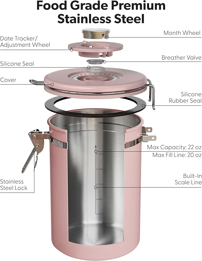 Veken Coffee Canister with Window, Airtight Stainless Steel Kitchen Food Storage Container with Lids, Date Tracker and Scoop for Ground, Beans, Tea, Flour, Cereal, Sugar Jars, 22OZ, Pink