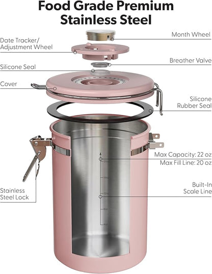 Veken Coffee Canister with Window, Airtight Stainless Steel Kitchen Food Storage Container with Lids, Date Tracker and Scoop for Ground, Beans, Tea, Flour, Cereal, Sugar Jars, 22OZ, Pink