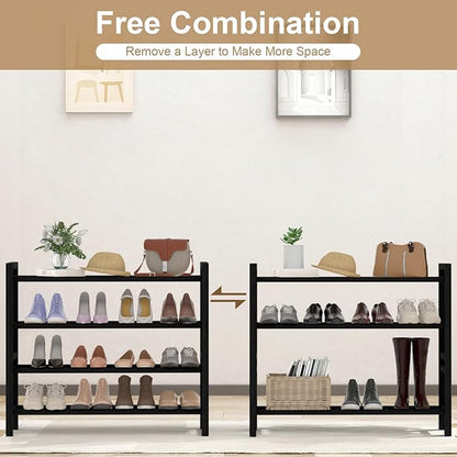 Haddockway Bamboo Shoe Rack for Closet, Free Standing Shoe Organizer with Smooth Round Rods & Convenient Handles, Stackable Shoe Storage Shelf for Entryway, Hallway(Black, 4-Tier)