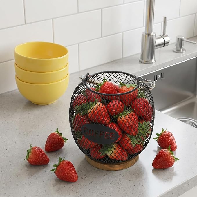 Coffee Pod Holder, K Cup Organizer Basket with Handle Wooden Base, Sturdy Metal Wire Capsule Pod Storage Container for Kitchen Countertop, Office, Coffee Bar