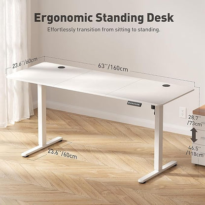 Electric Standing Desk Adjustable Height 63 x 24 Inch, Large Sit Stand Desk, Stand up Desk for Home Office, Computer Workstation (Spliced Desktop,White)
