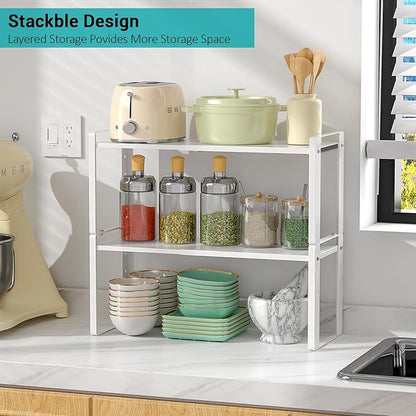 2 Pack Expandable Cabinet Organizer Shelves, 88lbs High Weight Capacity, Stackable Heavy-Duty Metal Storage Rack, Adjustable Cabinet Shelf for Kitchen, Pantry, Cupboard, Under Sink, White