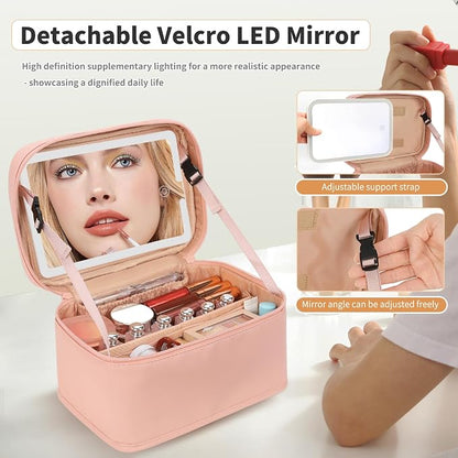 Makeup Bag With LED Mirror, Lightweight Travel Makeup Bag With 3 Color Setting Light Up Mirror Cosmetic Organizer Vanity Case for Women Beauty Tools Accessories Rechargeable Makeup Train Case-Pink