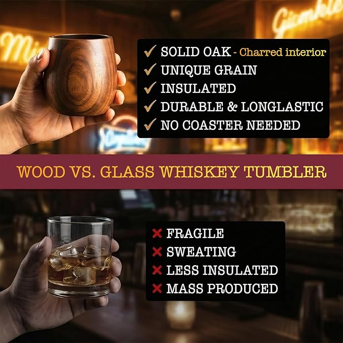 Charred Wooden Whiskey Glass Set of 2 – Durable Bourbon Glass for Men, Insulated Old Fashioned Glass – Whiskey Gifts for Husband, Dad, Brother – Birthday, Christmas, Father's Day