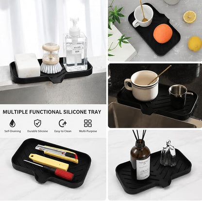 MicoYang Silicone Soap Dish with Drain Spout — Self-Draining Sink Organizer Tray for Bathroom & Kitchen, Sponges, Dispensers & Soap Holder, Non-Slip & Dishwasher Safe, Black (Medium, 9.6"×5.3")
