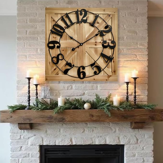 EMAX HOME Large Farmhouse Wall Clock – 24 Inch Brown Square Rustic Wooden Clock with Decorative Reversible Wooden Sign, Perfect for Any Space and Ideal Gift