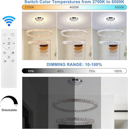 23.6'' Dimmable Oval Crystal Chandelier 2-Ring LED Pendant Island Light with Remote & App Control, 3-Color 2500K–6500K, Adjustable Height for Kitchen Dining Living Room Bedroom