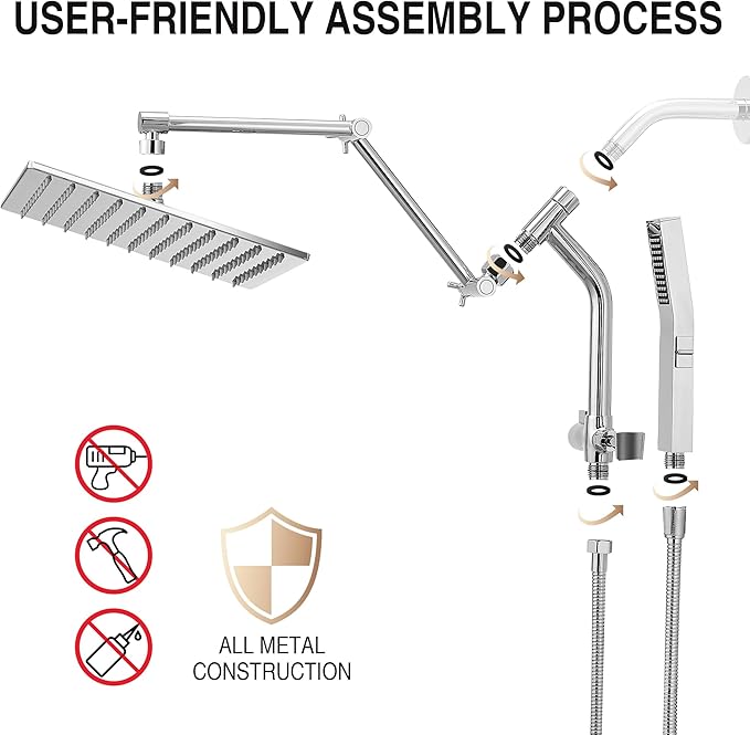 All Metal 10 Inch Rain Shower Head with Handheld Built-in Power Wash Mode, High Pressure Waterfall Rainfall Square Shower Heads with 16" Adjustable Extension Arm, Dual Showerhead(Chrome)