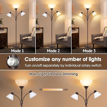 Floor Lamp for Living Room,72" Dimmable Torchiere Lamp with 2 Reading Lights for Bedroom, Brown Tall Standing Room Lamp, 3 Bulbs Included