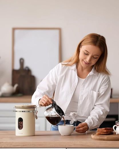 Veken Coffee Sugar Canister with Window, Gifts For Women,Airtight Stainless Steel Kitchen Food Storage Container Gift, Date Tracker & Scoop for Ground, Beans,Tea,Flour,Cereal, 22OZ, Cream