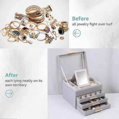 BOOVO Clear Lid Jewelry Box,4 Layers Jewelry Organizer Large Jewelry Storage Box with 3 Drawers,Jewelry Holder Organzier of Rings Earrings Necklace Bracelets for Women (Grey, 4 Layer)