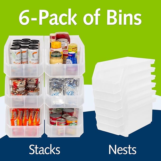 ReadySpace Plastic Containers for Organizing and Storage Bins for Closet, Kitchen, Office, Garage or Pantry Organization, Stackable Bins, Large (14.8" x 8" x 7"), 6-Pack, Clear
