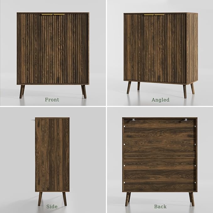 Fluted Shoe Cabinet with Doors 2 Pcs, 5-Tier Shoe Storage Cabinet for Entryway Slim, Wooden Hidden Shoe Organizer Cabinet with Adjustable Shelves and Solid Legs for Hallway, Walnut