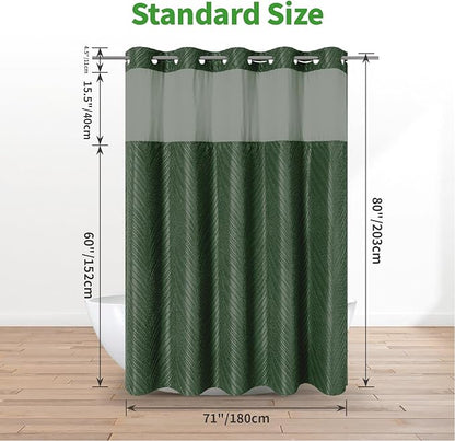 No Hook Shower Curtain and Liner Set,No Hook Tufted Striped Textured Shower Curtain with Snap in Liner Replacement and Waterproof Fabric,Boho Style with See Through Top Window,DarkGreen,71Wx80H