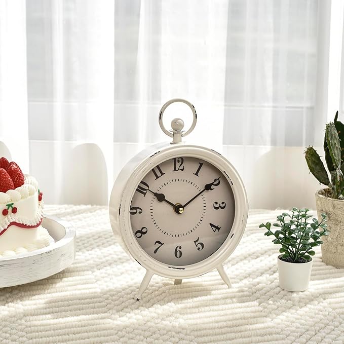 MACVAD Vintage Rustic White Table Clock on Stand, Decorative Desk and Shelf Clock Farmhouse Mantel Clock Rustic Non-Ticking Clock