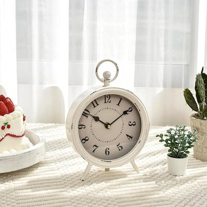 MACVAD Vintage Rustic White Table Clock on Stand, Decorative Desk and Shelf Clock Farmhouse Mantel Clock Rustic Non-Ticking Clock