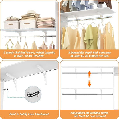8FT Closet System with Shelves, 96'' Closet Organizer System with 3 Hanging Rods, Wall Mount Bedroom Wardrobe Walk-in Closet, Adjustable Cloth Garment Rack from 5 to 8FT (Cut to Fit), White