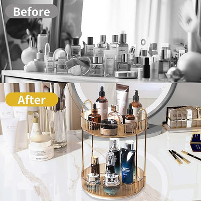 360 Rotating Gold Makeup Organizer,2 Tier Large Capacity Rotating Makeup Organizer,SkincarePerfume Organizer,Bathroom Cosmetics Storage Organizer Countertop (Gold-2 Tier)