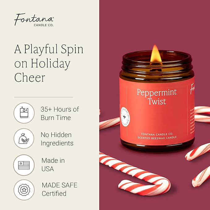 Fontana Candle Co Wood Wick Beeswax Jar Candles, Peppermint Twist Holiday Candle - Made with Coconut Oil & Pure Essential Oils – Clean Burn, Long Lasting and Non-Toxic Candles for Home & Room Decor