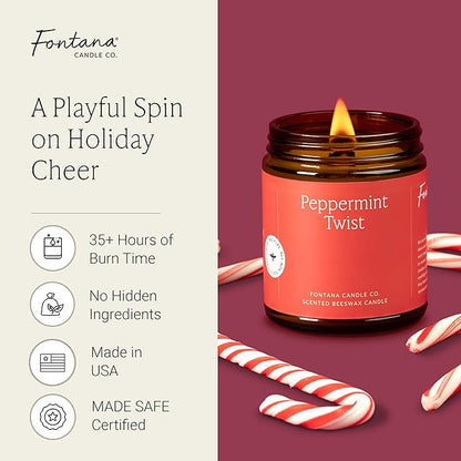 Fontana Candle Co Wood Wick Beeswax Jar Candles, Peppermint Twist Holiday Candle - Made with Coconut Oil & Pure Essential Oils – Clean Burn, Long Lasting and Non-Toxic Candles for Home & Room Decor