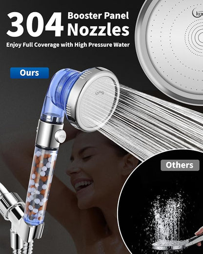 Filtered Shower Head for Hard Water with Stop, High Pressure 4-Mode Shower Heads Built-in Power Spray to Clean Corner, Tub & Pets, Water Softener Handheld Shower to Remove Chlorine & Fluoride