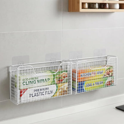 2 Pack Aluminum Foil Organizer, Foil and Plastic Wrap Organizer, Pantry Kitchen Cabinet Door Organizers, Self Adhesive Wall Mounted Storage Hanging Basket for Ziplock Bag, No-Drill, Mesh Metal, White