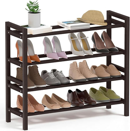 Haddockway Bamboo Shoe Rack for Closet, Free Standing Shoe Organizer with Smooth Round Rods & Convenient Handles, Stackable Shoe Storage Shelf for Entryway, Hallway(Brown, 4-Tier)