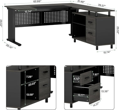 Tribesigns 63 Inch Executive Desk with File Cabinet, L Shaped Office Desk with Drawers and Storage Shelves, Business Furniture Set Workstation for Home Office, Gray and Black