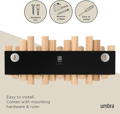 Umbra Picket Coat Rack Wall Mount – 5 Flip-Down Wood Coat Hooks, Modern & Functional Storage, Easy Install Wall Hooks, Natural