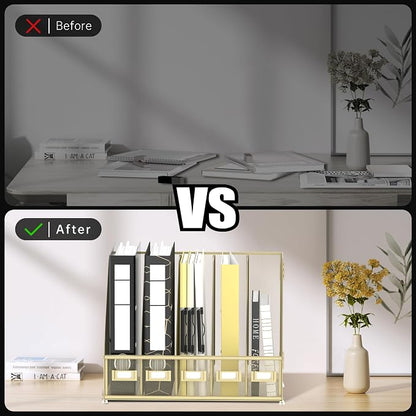 DALTACK Desk Organizers Metal Magazine File Holder with 5 Vertical Compartments Folder Storage Binder Organizer for Office Home School Organization, Golden Yellow, Plus