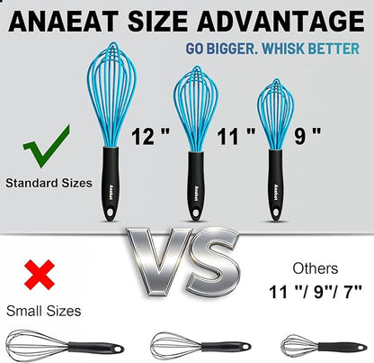 Anaeat Silicone Balloon Whisk, Perfect for Non-Stick Cookware, Milk and Egg Beater Blender, Heat Resistant Kitchen Whisks for Whisking, Cooking, Baking, Beating, Frothing & Stirring (Blue)