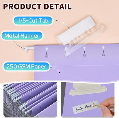 25-Pack Light Purple Hanging File Folders, Letter Size, Includes 35 Transparent Label Cards & 50 Sticker Labels,1/5-Cut Tabs for Home & Office Organization