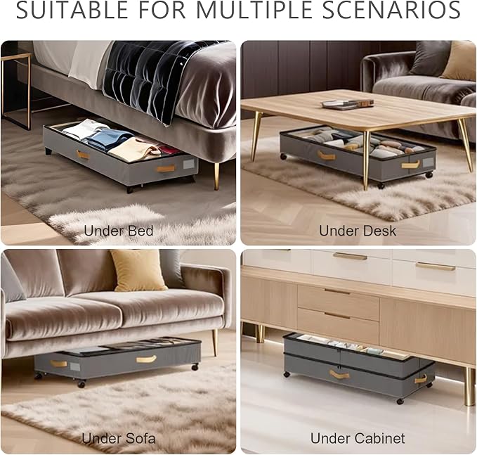 Under Bed Storage with Wheels 2-Pack, 75L XXL Under the Bed Storage Containers Large, 12" Tall Adjustable Storage for Underbed with Lids, Rolling for Clothes, Shoes, Blankets (4PCS-Grey)