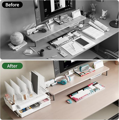 Desk Organizer, Office Organization with Vertical File Holder, File Organizer with Drawer and Pen Holder, Desk Accessories and Workspace Organizers for Home Office (White)