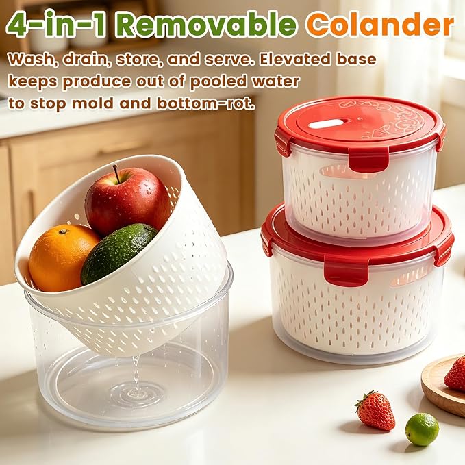 TBMax 8 Pieces Airtight Fruit Storage Containers for Fridge with Air Circulation Vent, 4 Pack Round Produce Saver with Colander for Berry Lettuce Salad Vegetable Storage, Refrigerator Organizers -Red