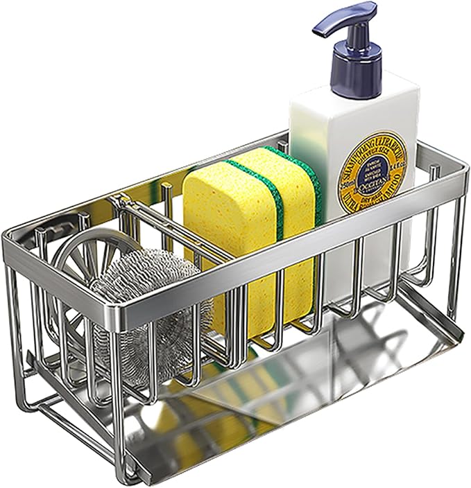 MAXCOOK Sink Caddy Sponge Holder for Kitchen, 18/8 Stainless Steel Self Drain Tray, Soap holder with Divider(Silver)