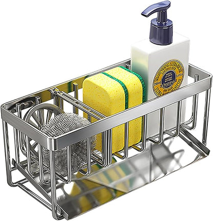 MAXCOOK Sink Caddy Sponge Holder for Kitchen, 18/8 Stainless Steel Self Drain Tray, Soap holder with Divider(Silver)